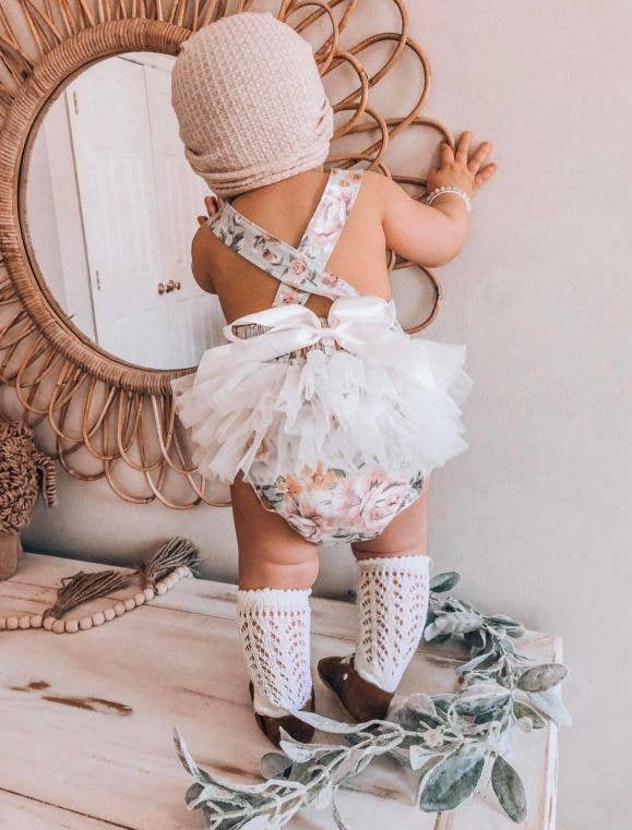 Baby Girl Vintage Green Floral Ruffle Bum Romper