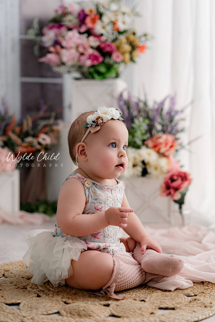 Baby Girl Vintage Green Floral Ruffle Bum Romper
