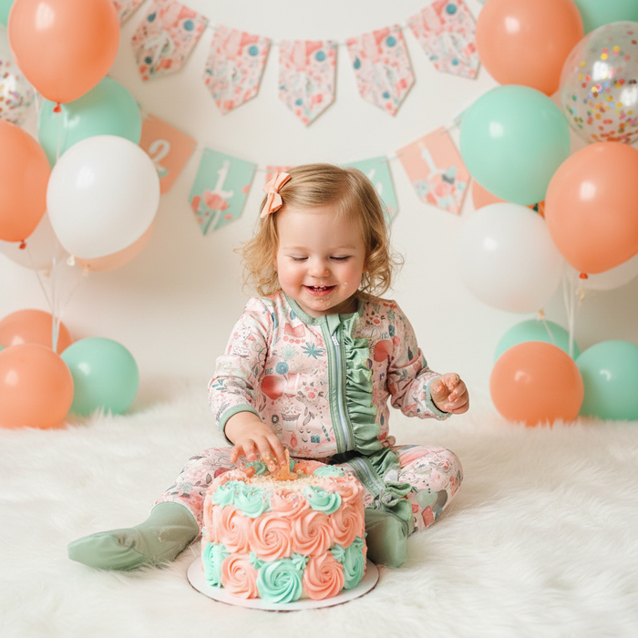 Baby Girls Sleeper - Peach & Green Floral 1St Birthday