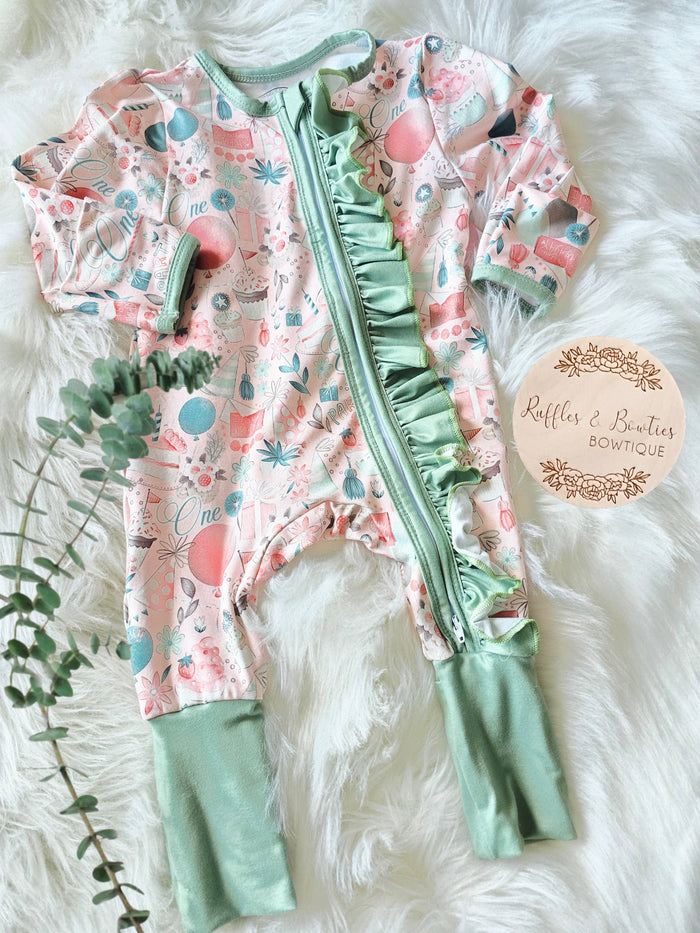 Baby Girls Sleeper - Peach & Green Floral 1St Birthday
