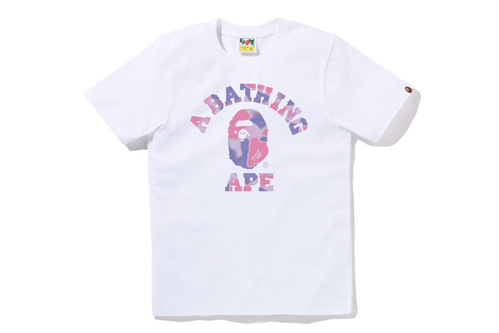 BAPE WOMENS COTTON APE HEAD PRINT LIQUID CAMO COLLEGE T-SHIRT