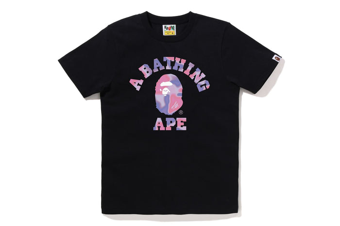 BAPE WOMENS COTTON APE HEAD PRINT LIQUID CAMO COLLEGE T-SHIRT