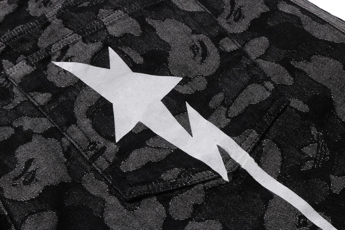 BAPE X ADIDAS CAMO JACQUARD SHARK DENIM JORTS