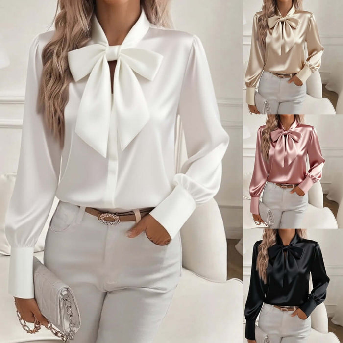 Bow-tie Blouse Fashion Commuting Long-sleeved Top black color front view
