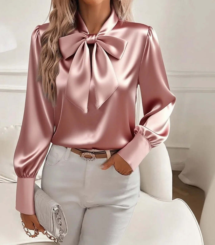 Bow-tie Blouse Fashion Commuting Long-sleeved Top high quality polyester fiber texture