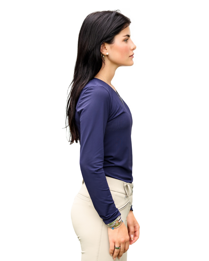 Woman wearing a blue long-sleeve shirt on a white background