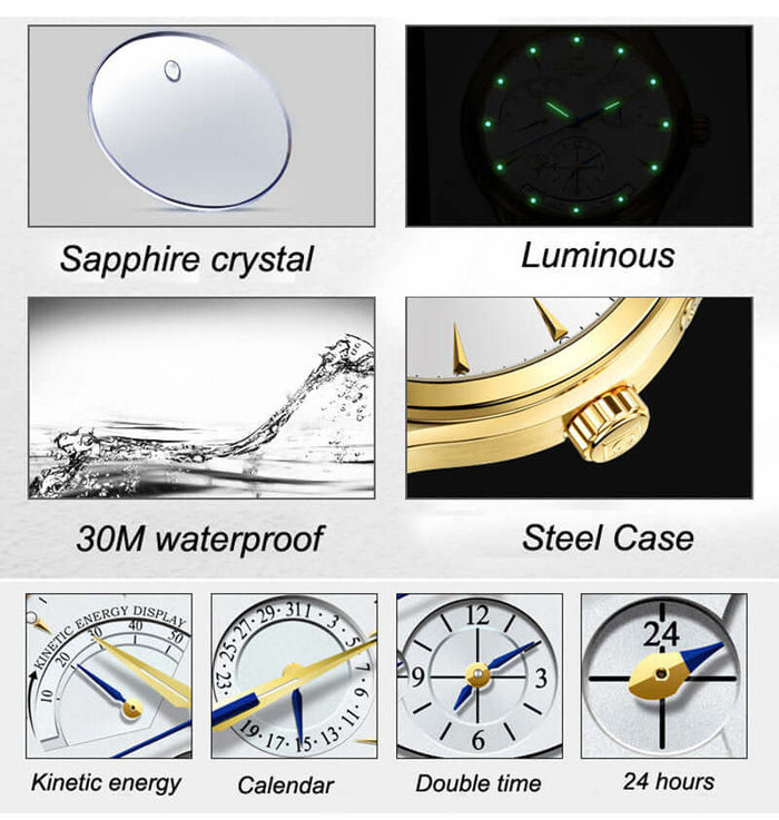 Features of Carnival Full Automatic Mechanical Mens Watch including sapphire crystal, luminous display, 30M waterproof, and steel case.