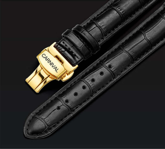 Carnival Full Automatic Mechanical Mens Watch black leather strap with gold clasp detail