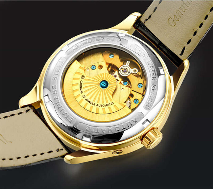 Back view of the Carnival Full Automatic Mechanical Mens Watch showcasing its intricate golden movement and elegant design.