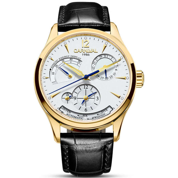 Carnival Full Automatic Mechanical Mens Watch with gold-tone case and black leather strap, featuring a white dial and multiple sub-dials.