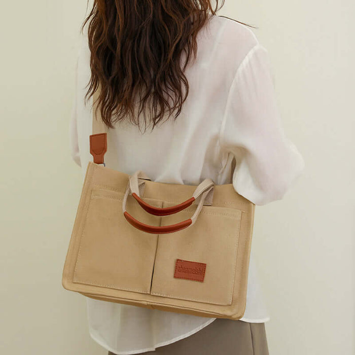 Casual Daily Canvas Tote Shoulder Mommy Bag Large Capacity khaki high density fabric.