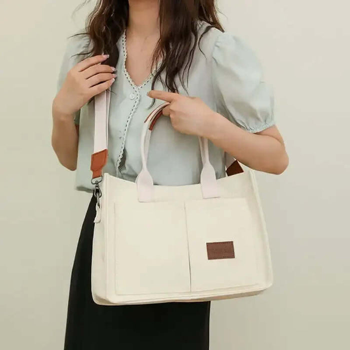 Casual Daily Canvas Tote Shoulder Mommy Bag Large Capacity blue multi pocket detail.