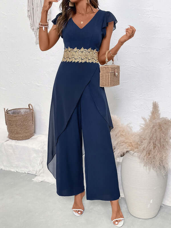 Casual Lace Splicing V Neck Jumpsuit Elegant Leisure solid color woven fabric