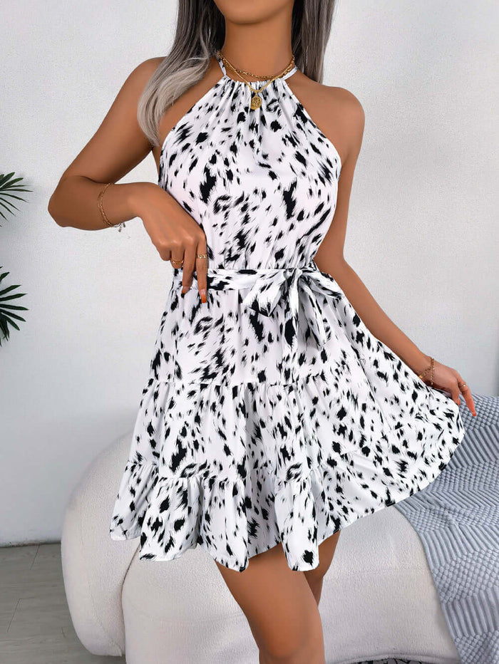 Casual Leopard Print Ruffled Swing Summer Beach Dress size L length 85cm.