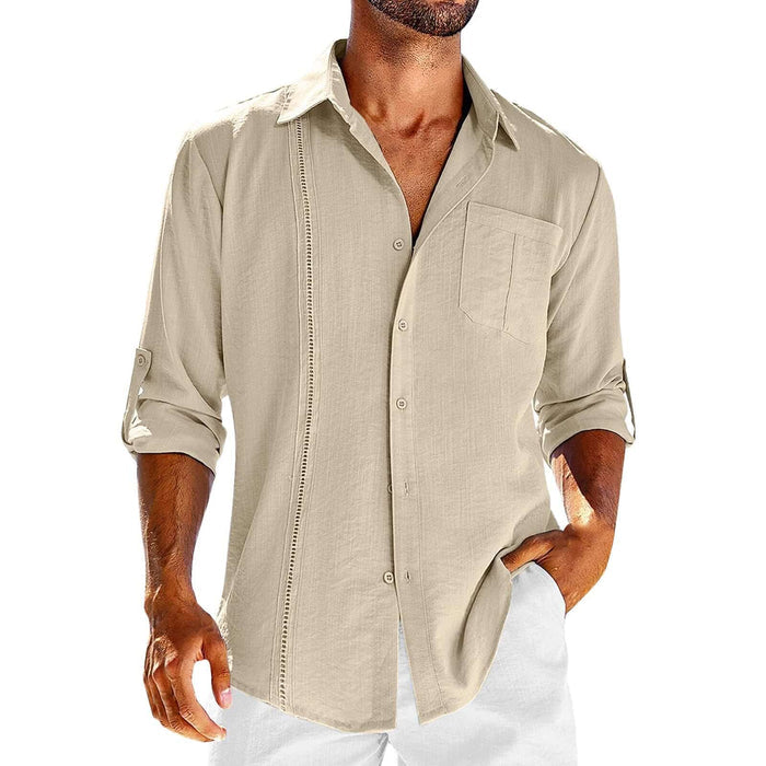 Casual Long Sleeve Shirt With Pocket Lace Polo Collar in beige with button-up design and rolled sleeves.