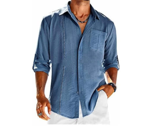 Casual Long Sleeve Shirt With Pocket Lace Polo Collar in blue, worn by a man with a stylish look.