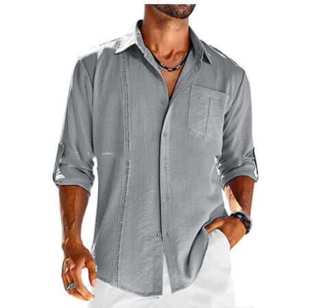 Casual Long Sleeve Shirt With Pocket Lace Polo Collar in grey, featuring button closure and rolled-up sleeves.