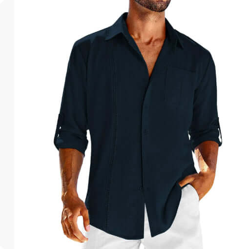 Casual Long Sleeve Shirt With Pocket Lace Polo Collar in dark color, stylish and comfortable for casual occasions.