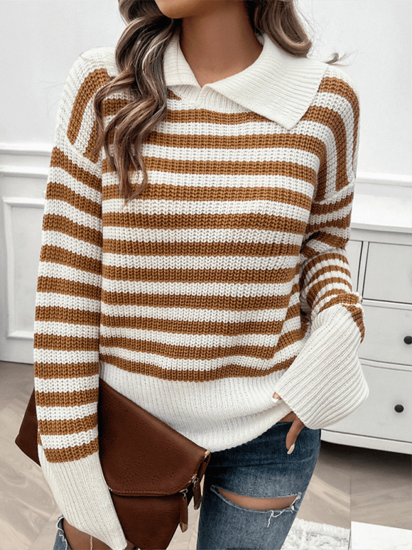 casual loose lapel striped knit sweater with long sleeves front