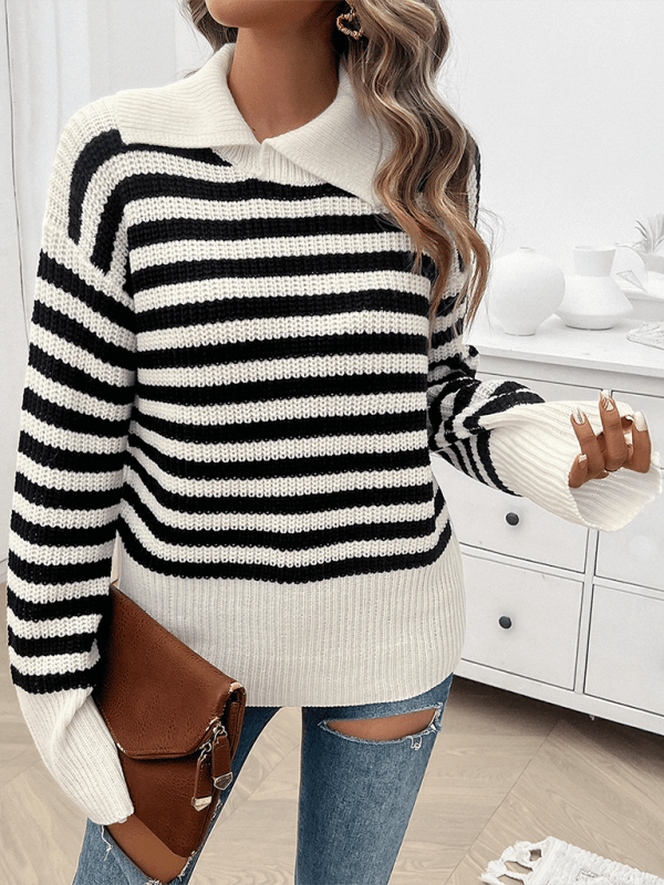 casual loose lapel striped knit sweater with long sleeves on model