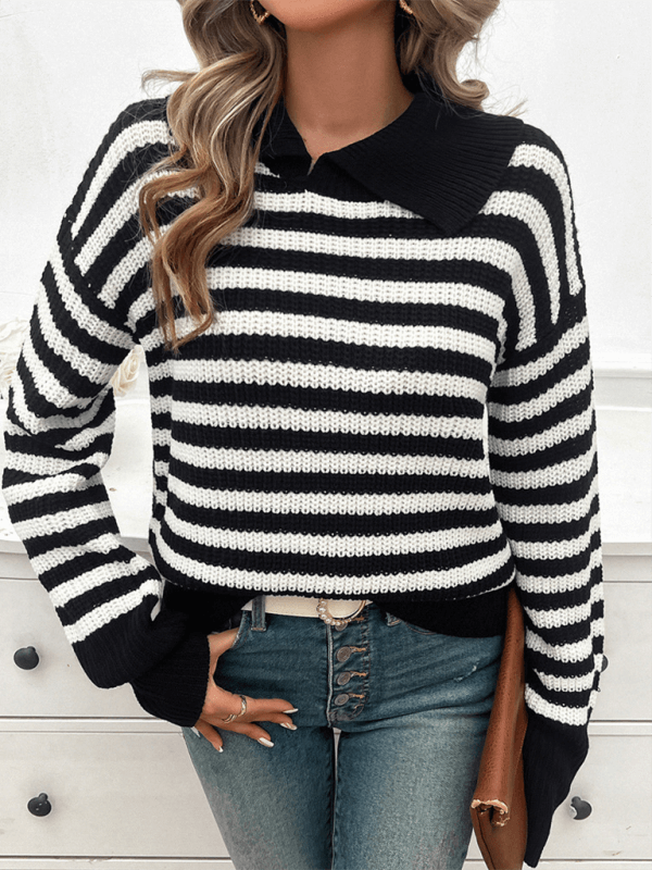 casual loose lapel striped knit sweater with long sleeves fabric
