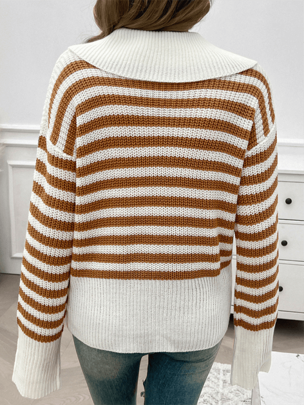 casual loose lapel striped knit sweater with long sleeves sleeves