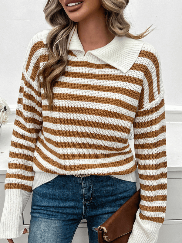 casual loose lapel striped knit sweater with long sleeves texture