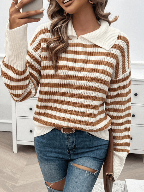casual loose lapel striped knit sweater with long sleeves striped design