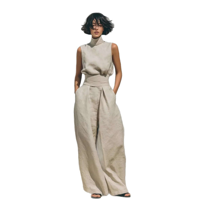 Casual Sleeveless Suit Summer Pullover Top Pants Set in beige with wide-leg pants and sleeveless top.