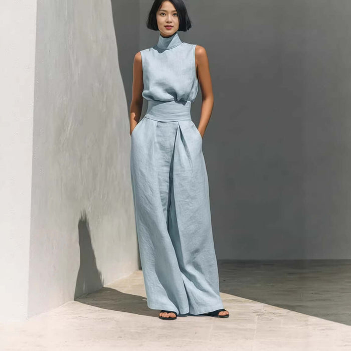 Casual Sleeveless Suit Summer Pullover Top Pants Set in light blue, featuring a sleek design and wide-leg pants.