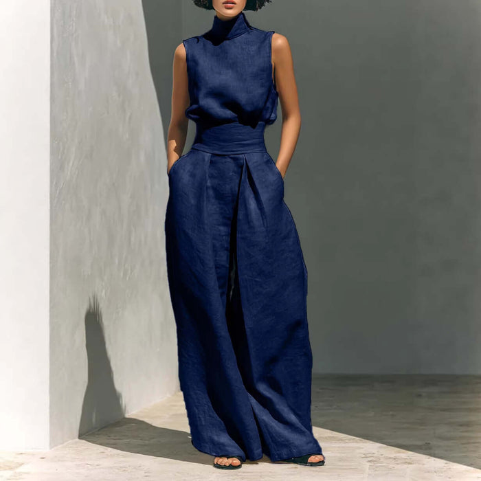 Casual Sleeveless Suit Summer Pullover Top Pants Set in navy color, featuring a stylish sleeveless top and wide-leg pants.