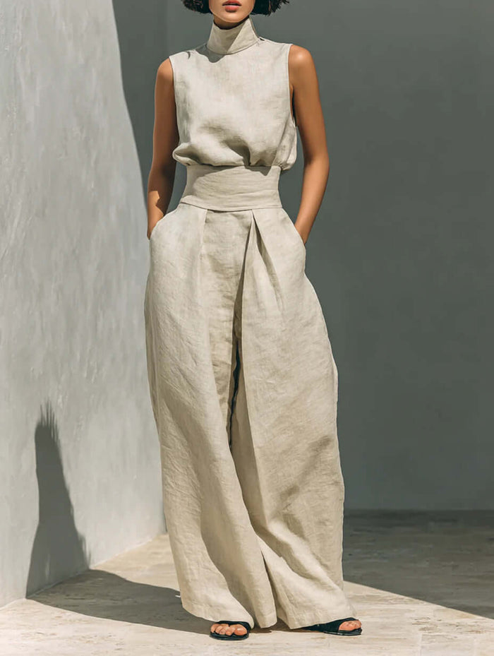 Casual Sleeveless Suit Summer Pullover Top Pants Set worn by a model in a minimalist setting, featuring a light-colored fabric.