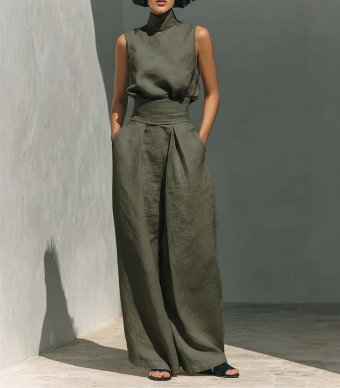 Casual Sleeveless Suit Summer Pullover Top Pants Set in olive green, featuring wide-leg pants and a stylish sleeveless top.