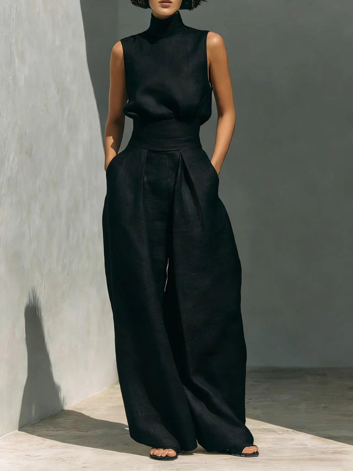 Casual Sleeveless Suit Summer Pullover Top Pants Set displayed in a stylish black fabric, perfect for warm weather.