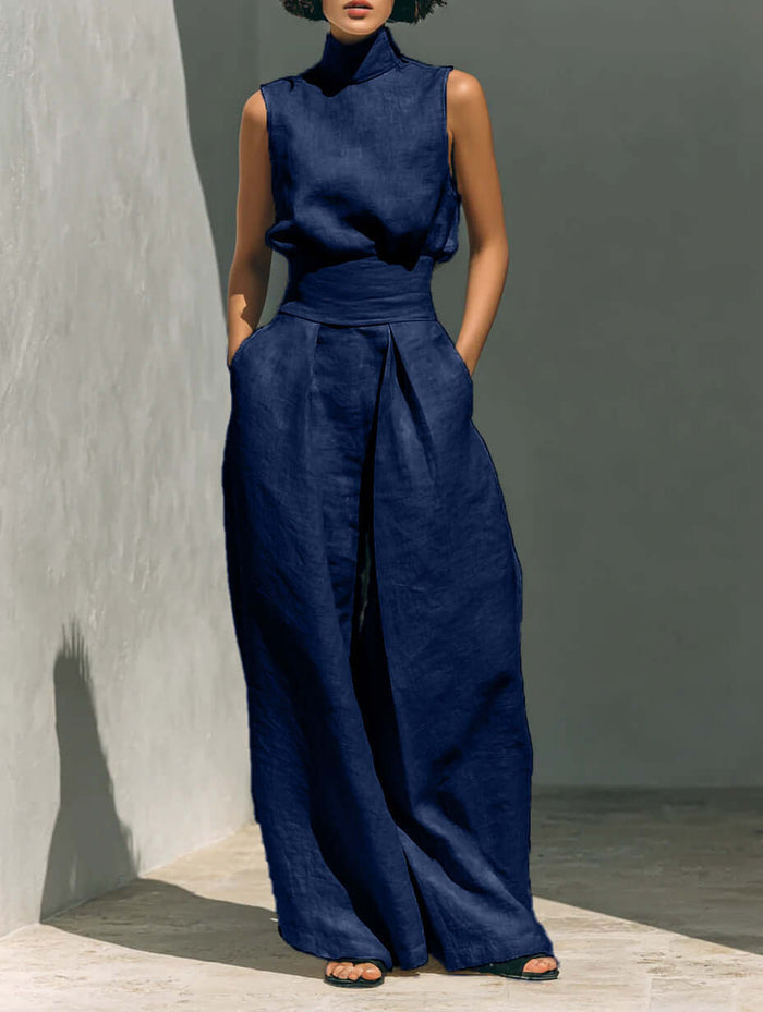 Casual Sleeveless Suit Summer Pullover Top Pants Set in navy color, featuring a stylish top and wide-leg pants.