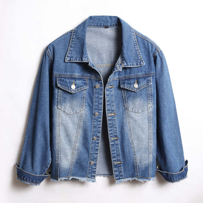 Chic Loose Frayed Denim Short Jacket for Women 2XL size 118 bust.
