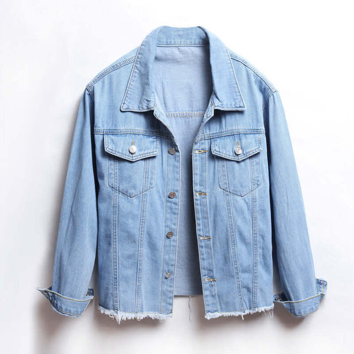 Chic Loose Frayed Denim Short Jacket for Women dark blue denim.