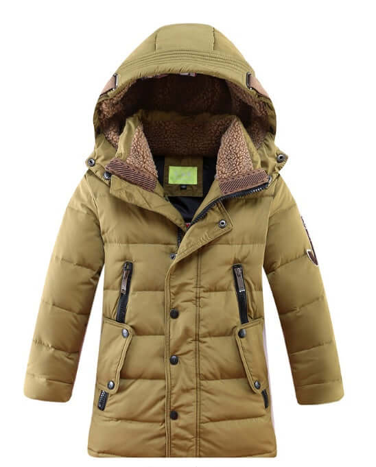 Childrens Winter Duck Down Jacket removable hood design.