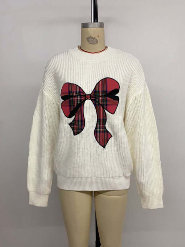 Christmas Bow Check Embroidered Knit Sweater Soft Warm Style side view