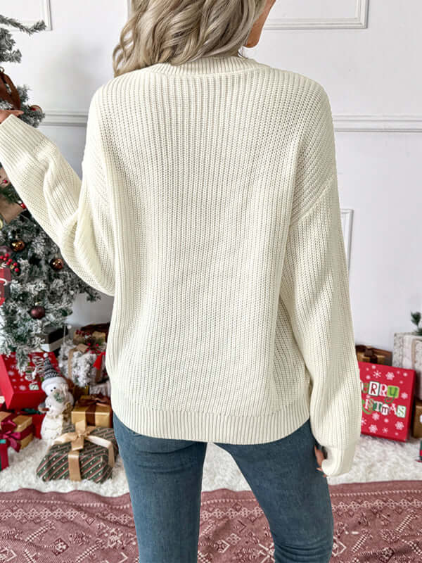 Christmas Bow Check Embroidered Knit Sweater Soft Warm Style neckline detail