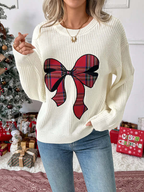 Christmas Bow Check Embroidered Knit Sweater Soft Warm Style sleeve detail