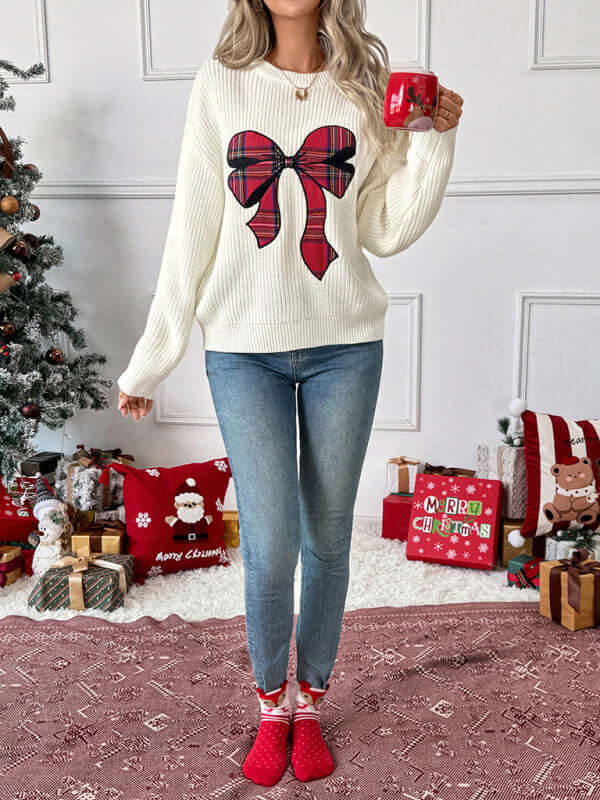 Christmas Bow Check Embroidered Knit Sweater Soft Warm Style embroidery close-up