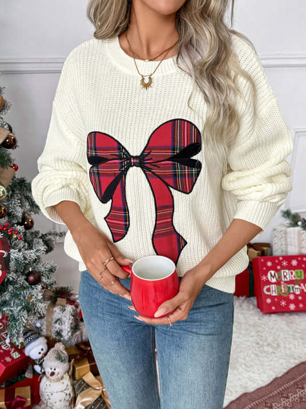 Christmas Bow Check Embroidered Knit Sweater Soft Warm Style full outfit