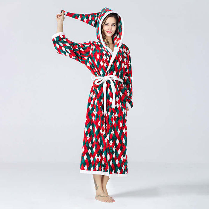 Christmas Fleece Hooded Bathrobe Plush Long Robe front view with hood