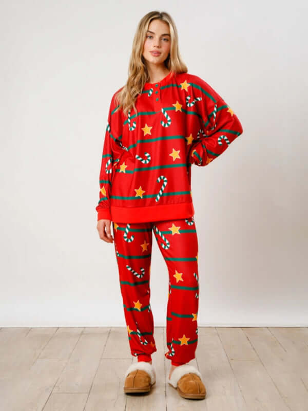 Christmas Print Button Long Sleeve Two Piece Lounge Set front view on model