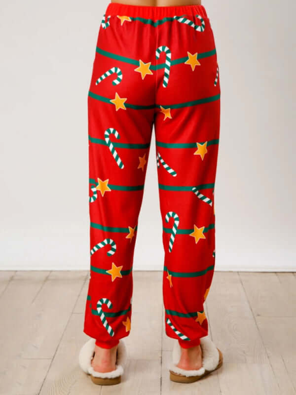 Christmas Print Button Long Sleeve Two Piece Lounge Set button-up top detail