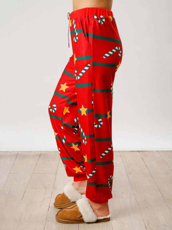 Christmas Print Button Long Sleeve Two Piece Lounge Set long sleeve close-up