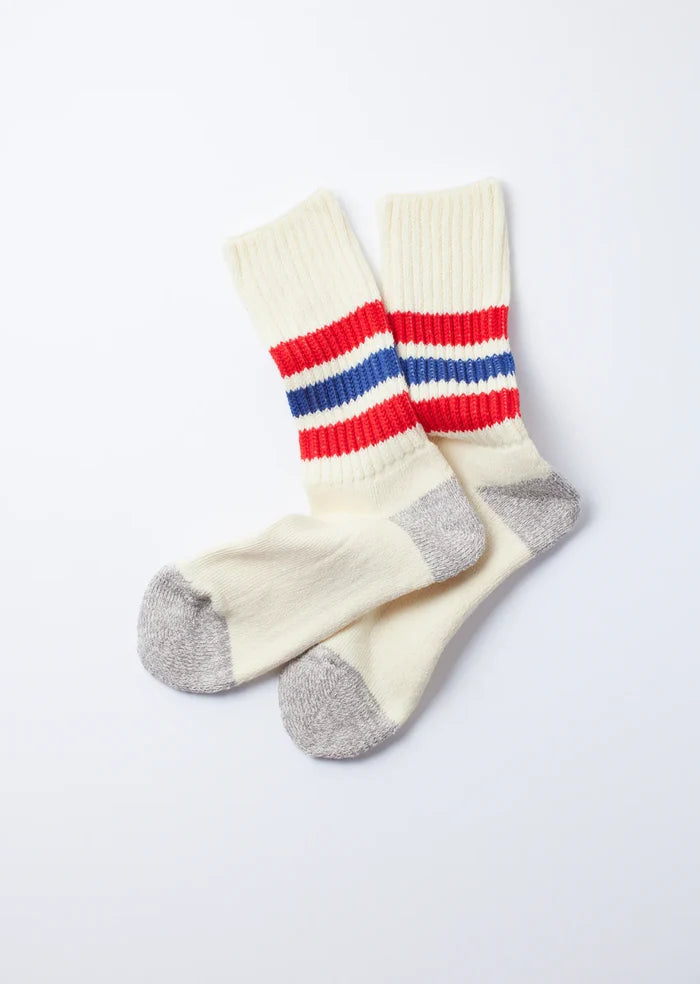 Coarse Ribbed Old School Crew Socks in Chili Red/ Blue