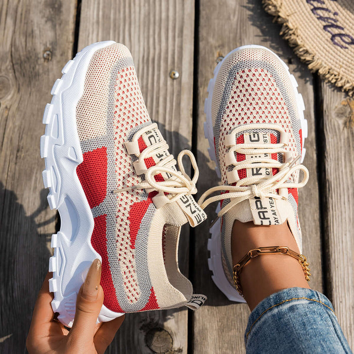 Comfortable Womens Flyknit Sneakers Breathable Walking Shoes pink color side view