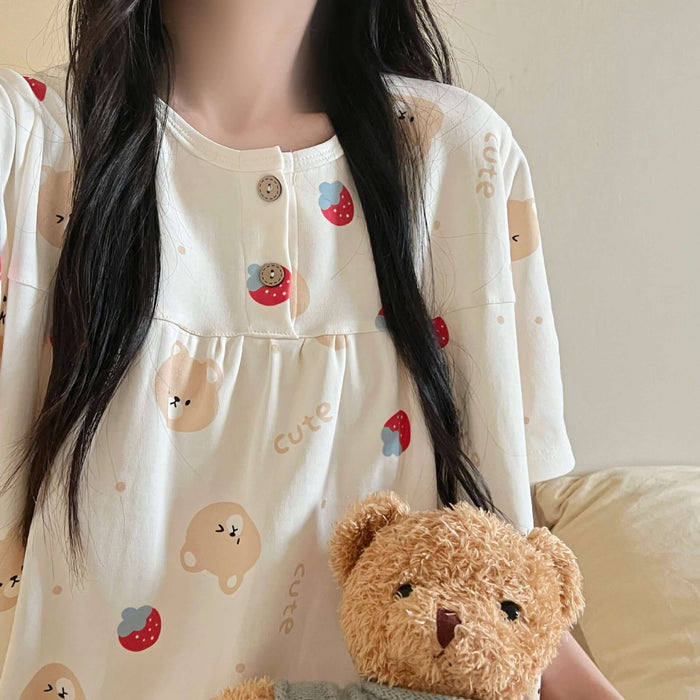 Cotton Three-piece Pajamas Women Spring Summer Set pullover style.